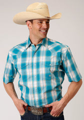 Roper Mens Short Sleeve Snap Turquoise Sand Ombre Plaid Western Shirt