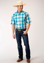 Roper Mens Short Sleeve Snap Turquoise Sand Ombre Plaid Western Shirt - Flyclothing LLC