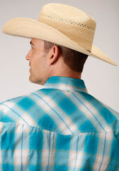 Roper Mens Short Sleeve Snap Turquoise Sand Ombre Plaid Western Shirt - Flyclothing LLC