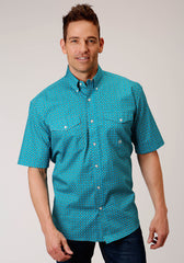 Roper Mens Short Sleeve Button Turquoise Foulard Western Shirt