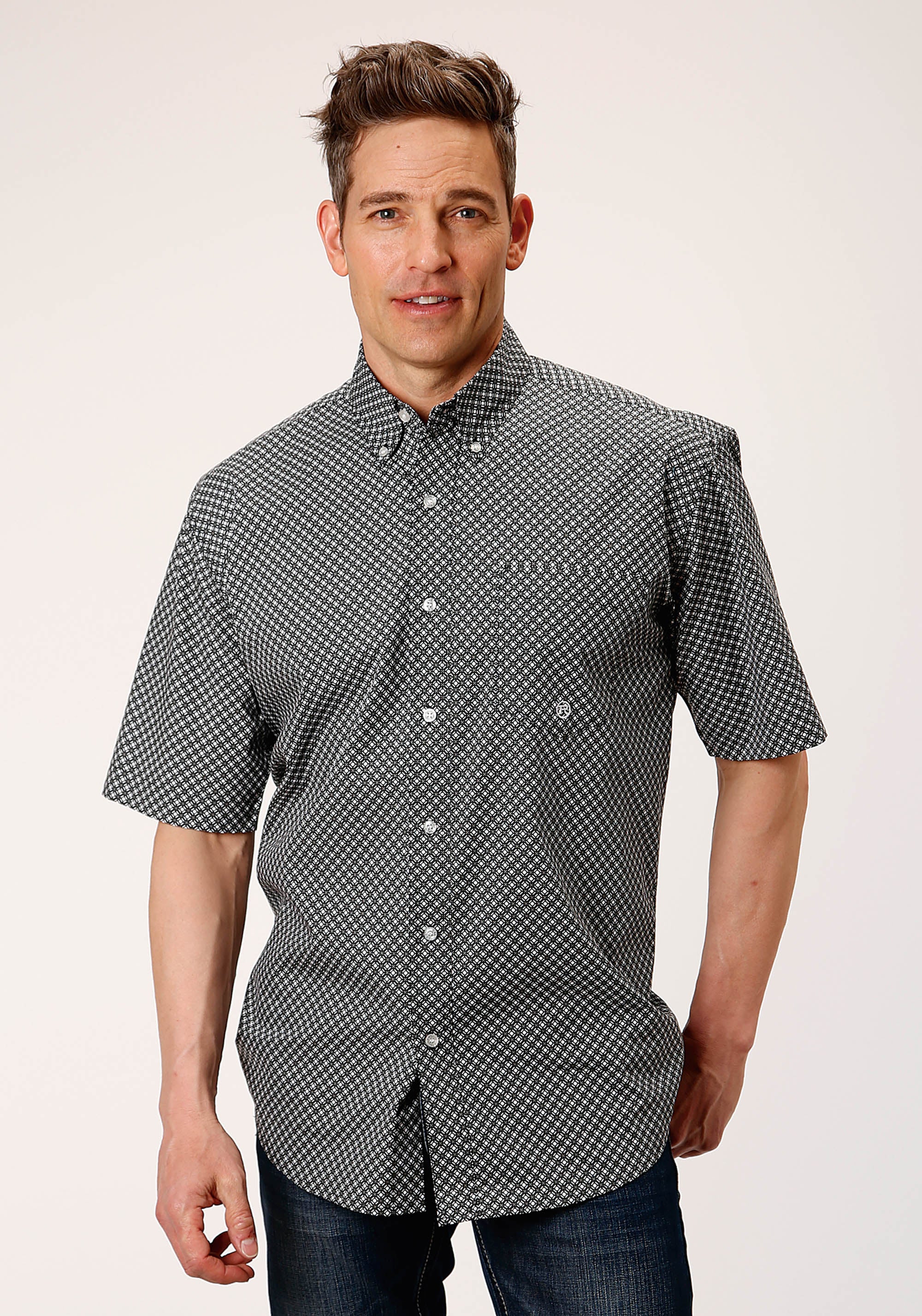 Roper Mens Short Sleeve Button Diamond Star Geo Western Shirt