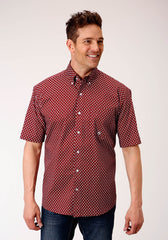 Roper Mens Short Sleeve Button Stretch Poplin Diamond Wine Western Shirt