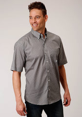 Roper Mens Short Sleeve Button Stretch Poplin Diamond Grey Western Shirt