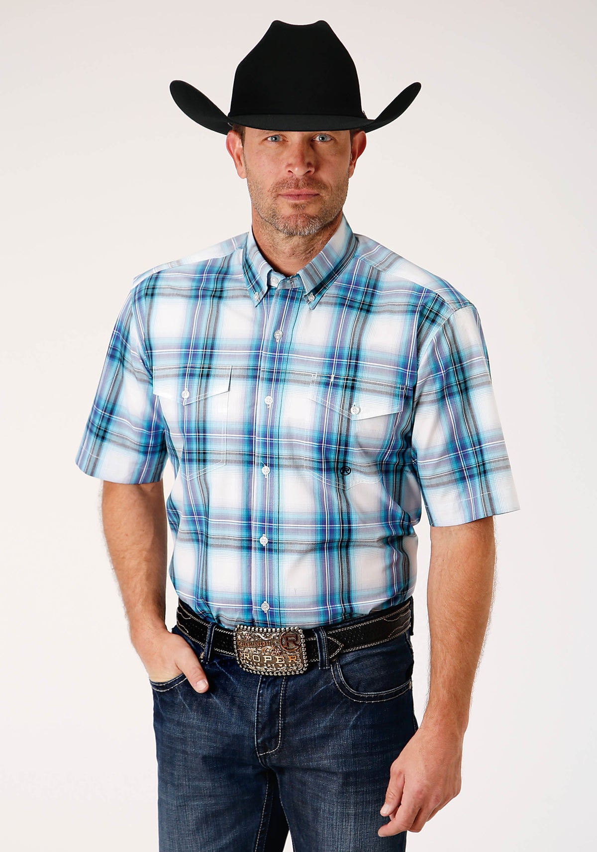 Roper Mens Short Sleeve Button Clear Sky Plaid Western Shirt