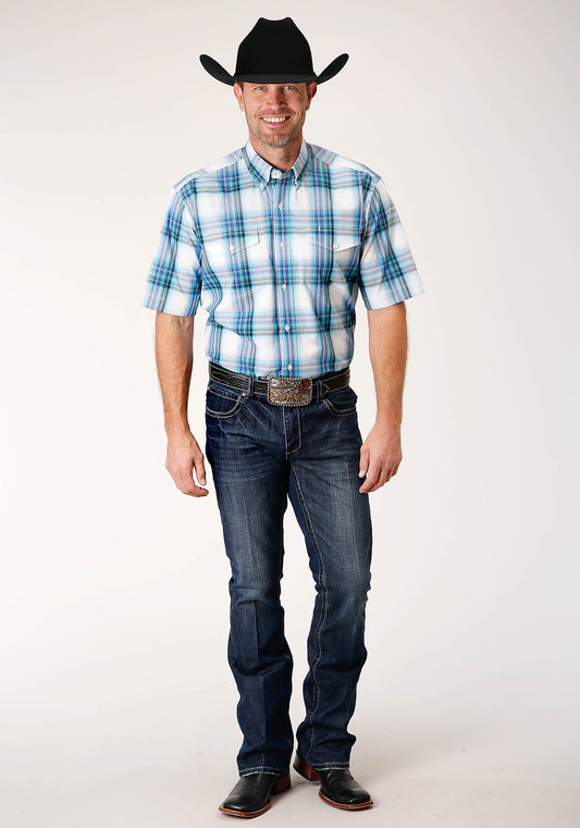 Roper Mens Short Sleeve Button Clear Sky Plaid Western Shirt - Flyclothing LLC