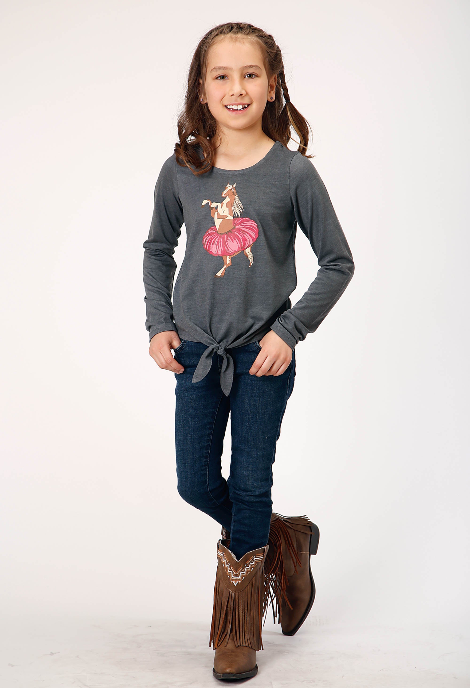 Roper Girls Long Sleeve Knit Poly Rayon Heather Grey Jersey T T-Shirt - Flyclothing LLC