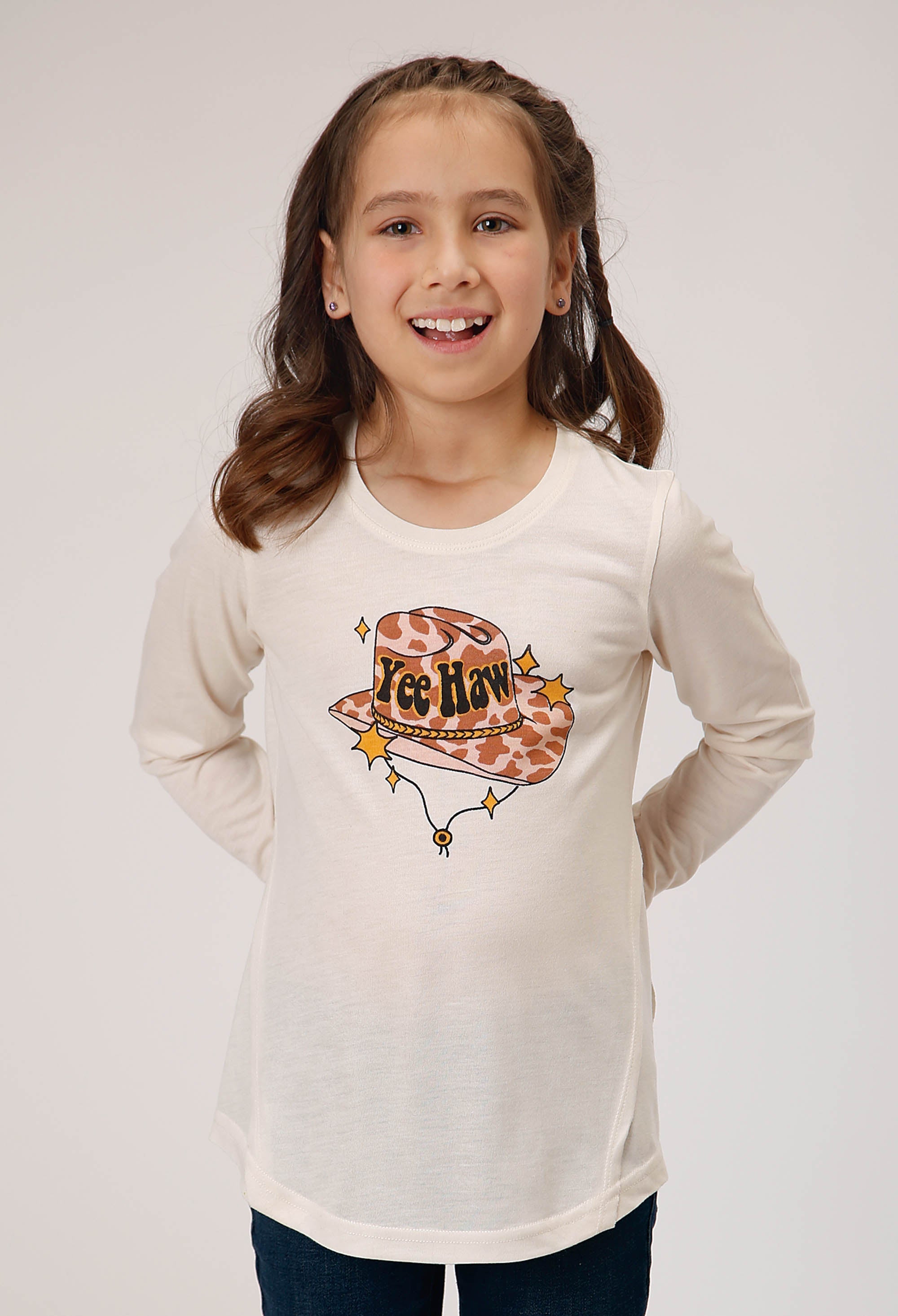 Roper Girls Long Sleeve Knit Poly Rayon Cream Scoop Neck T T-Shirt