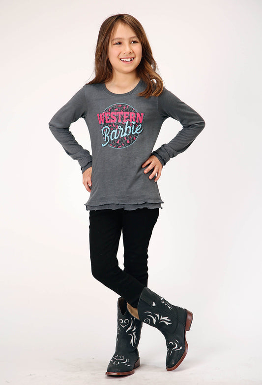 Roper Girls Long Sleeve Knit Heather Grey Poly Rayon Long Sleeve Ruffle T T-Shirt - Flyclothing LLC