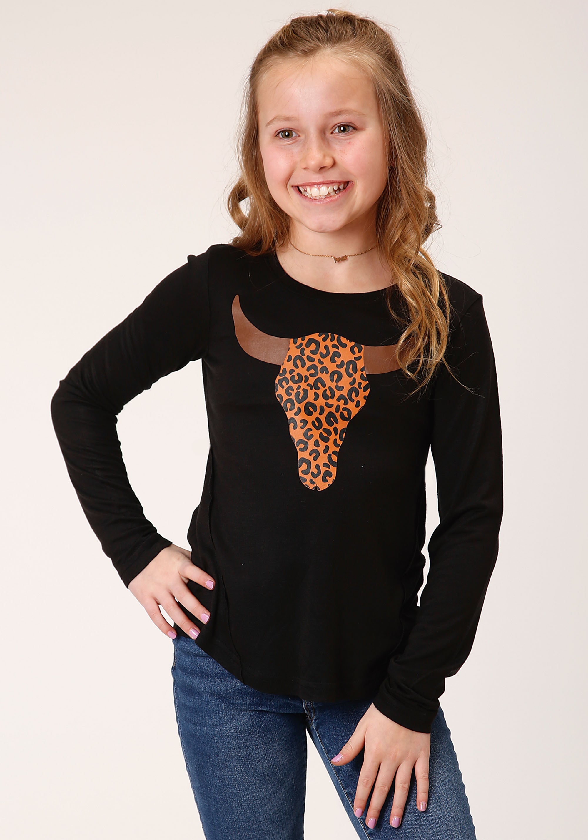 Roper Girls Long Sleeve Knit Poly Rayon Jersey Long Sleeve Scoop Neck T T-Shirt - Roper