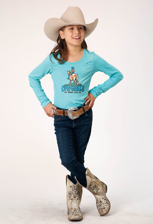 Roper Girls Long Sleeve Knit Turquoise Poly Rayon Long Sleeve Yoke T T-Shirt - Flyclothing LLC