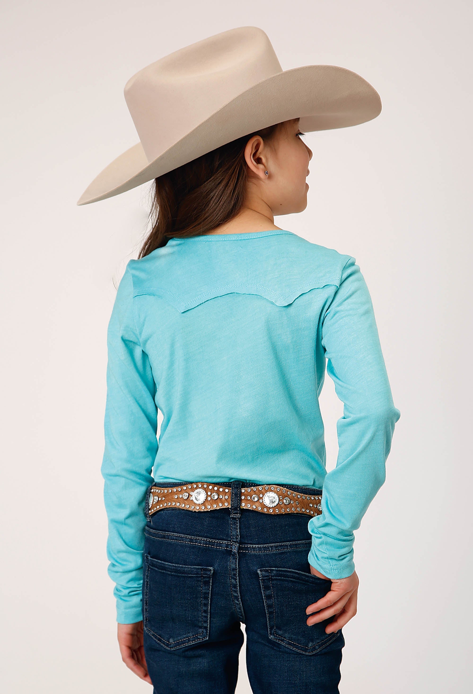 Roper Girls Long Sleeve Knit Turquoise Poly Rayon Long Sleeve Yoke T T-Shirt - Flyclothing LLC