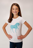 Roper Girls White With Turquoise Horse Screen Print Short Sleeve Knit T-Shirt