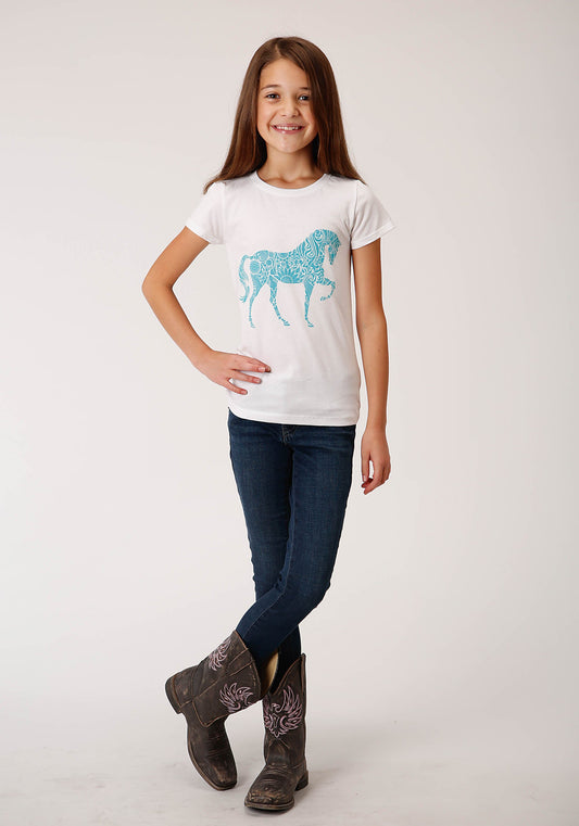 Roper Girls White With Turquoise Horse Screen Print Short Sleeve Knit T-Shirt - Flyclothing LLC