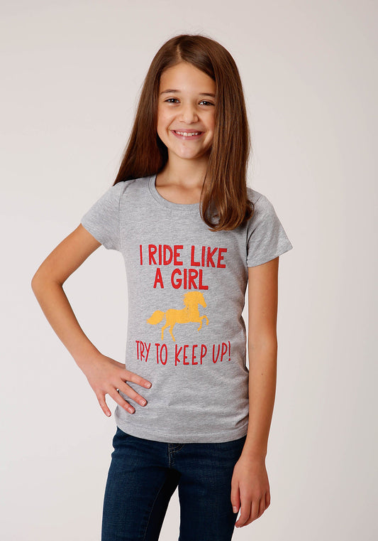 Roper Girls Gray With Ride Like A Girl Screen Print Short Sleeve Knit T-Shirt - Roper