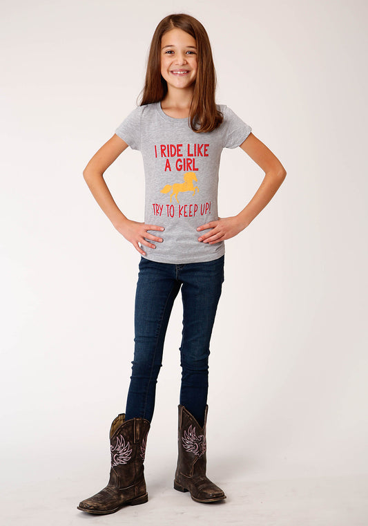 Roper Girls Gray With Ride Like A Girl Screen Print Short Sleeve Knit T-Shirt - Flyclothing LLC