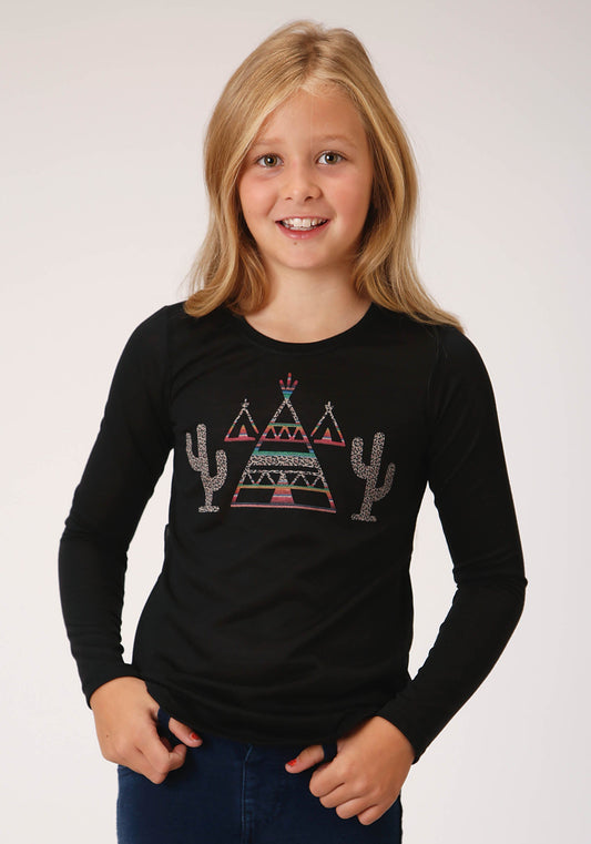 Roper Girls Black With Teepee And Cactus Print Long Sleeve Knit T-Shirt - Roper