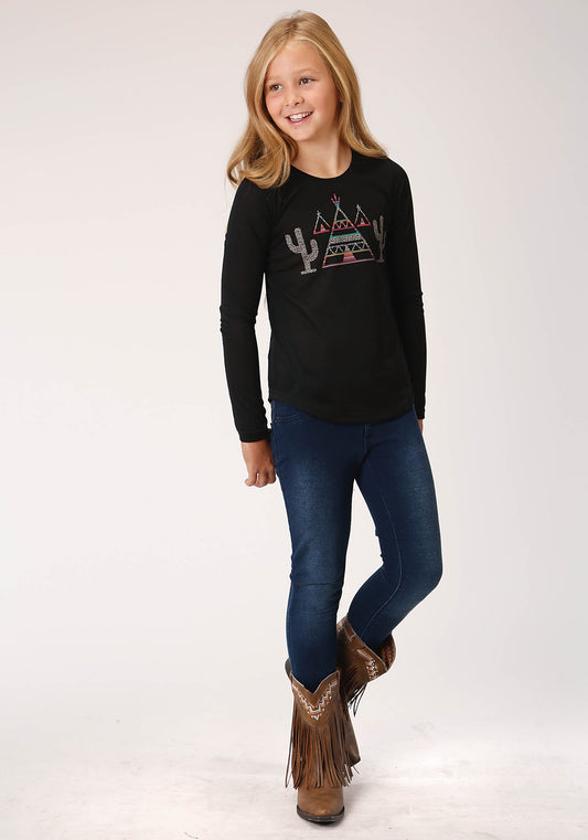 Roper Girls Black With Teepee And Cactus Print Long Sleeve Knit T-Shirt - Flyclothing LLC