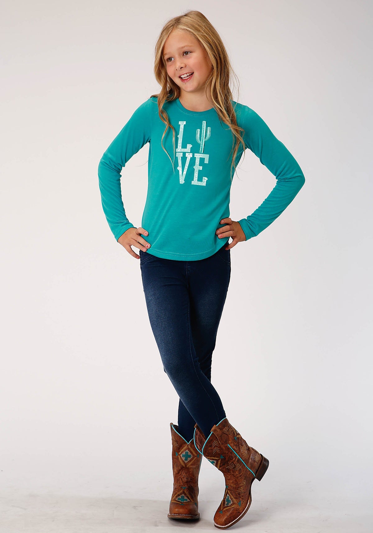 Roper Girls Turquoise With Love Screen Print Long Sleeve Knit T-Shirt
