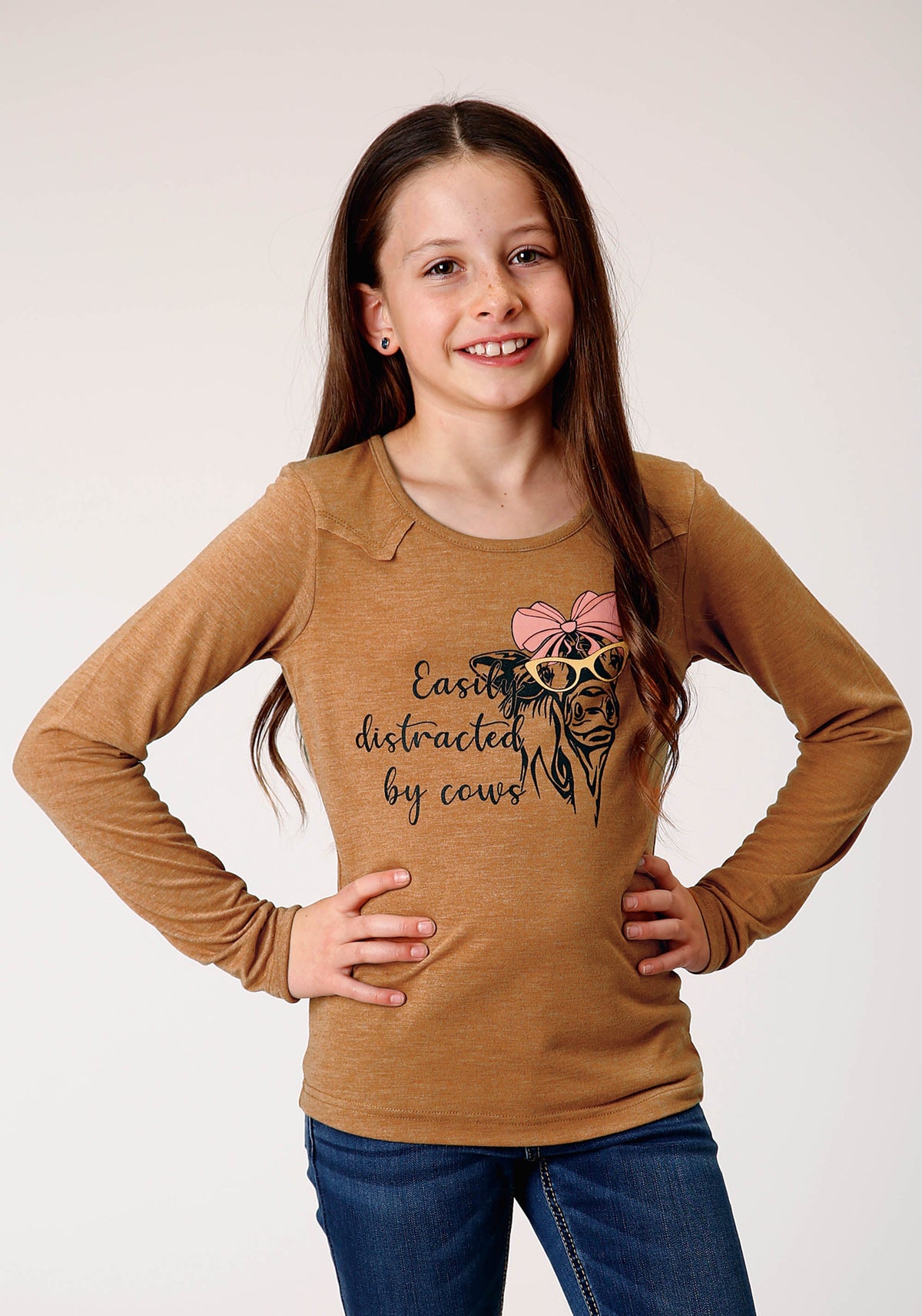 Roper Girls Long Sleeve Knit Poly Rayon Brown Jersey Long Sleeve T T-Shirt