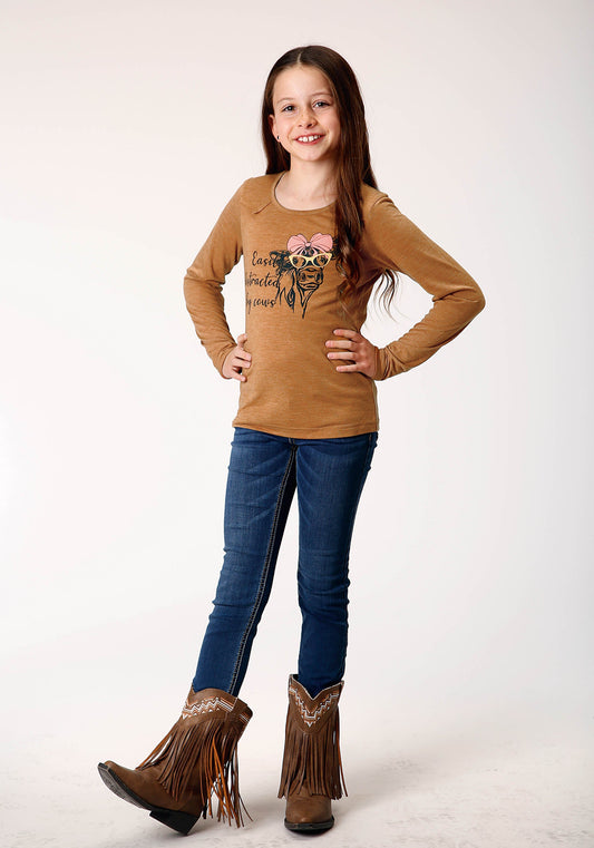 Roper Girls Long Sleeve Knit Poly Rayon Brown Jersey Long Sleeve T T-Shirt - Roper