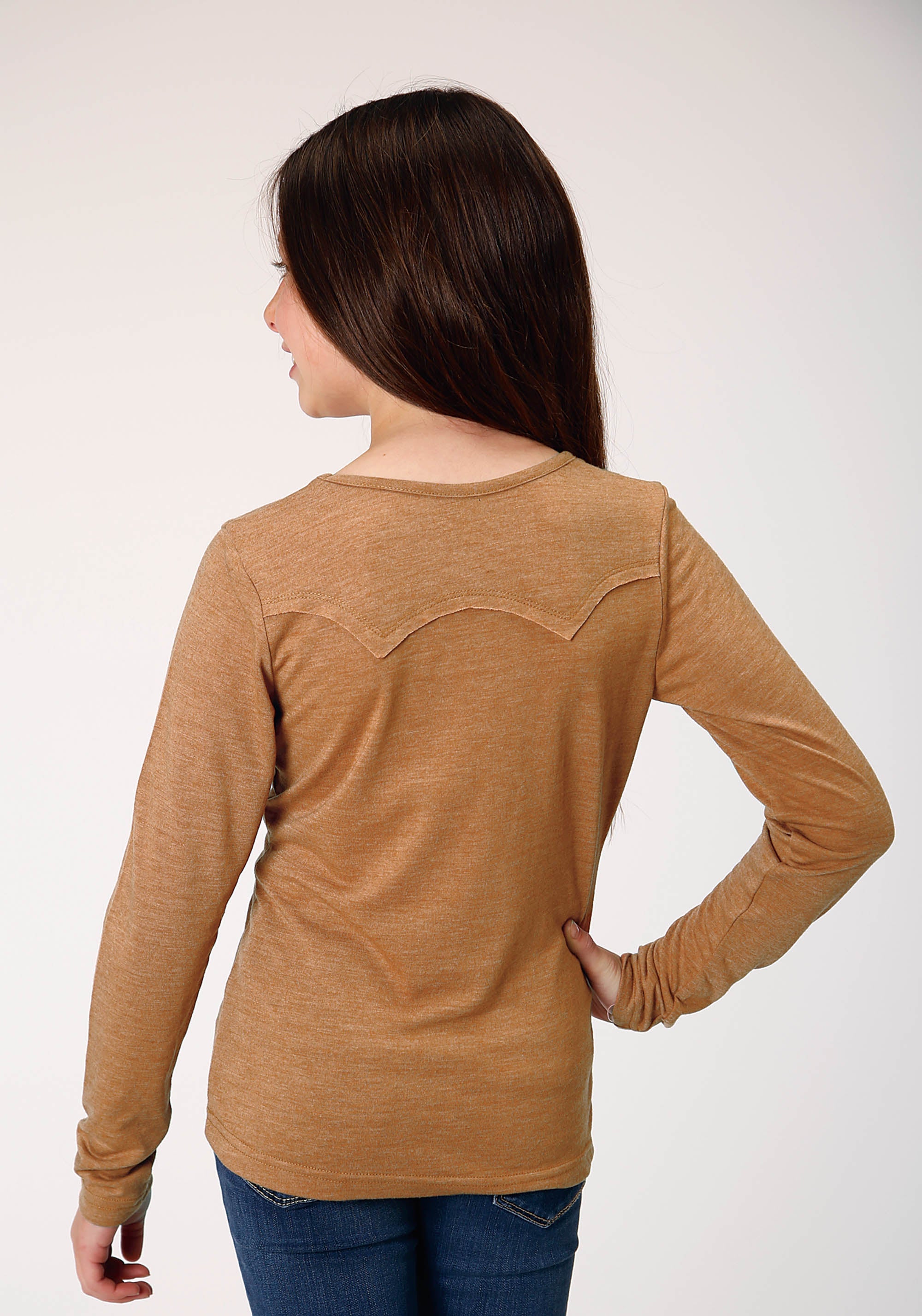 Roper Girls Long Sleeve Knit Poly Rayon Brown Jersey Long Sleeve T T-Shirt - Roper