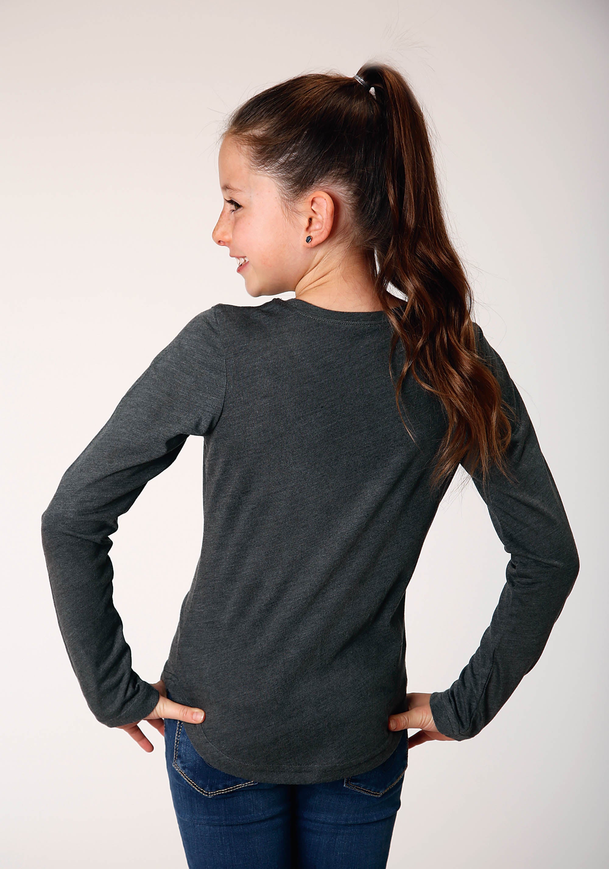 Roper Girls Long Sleeve Knit Poly Rayon Heathered Grey Jersey Long Sleeve T T-Shirt - Flyclothing LLC