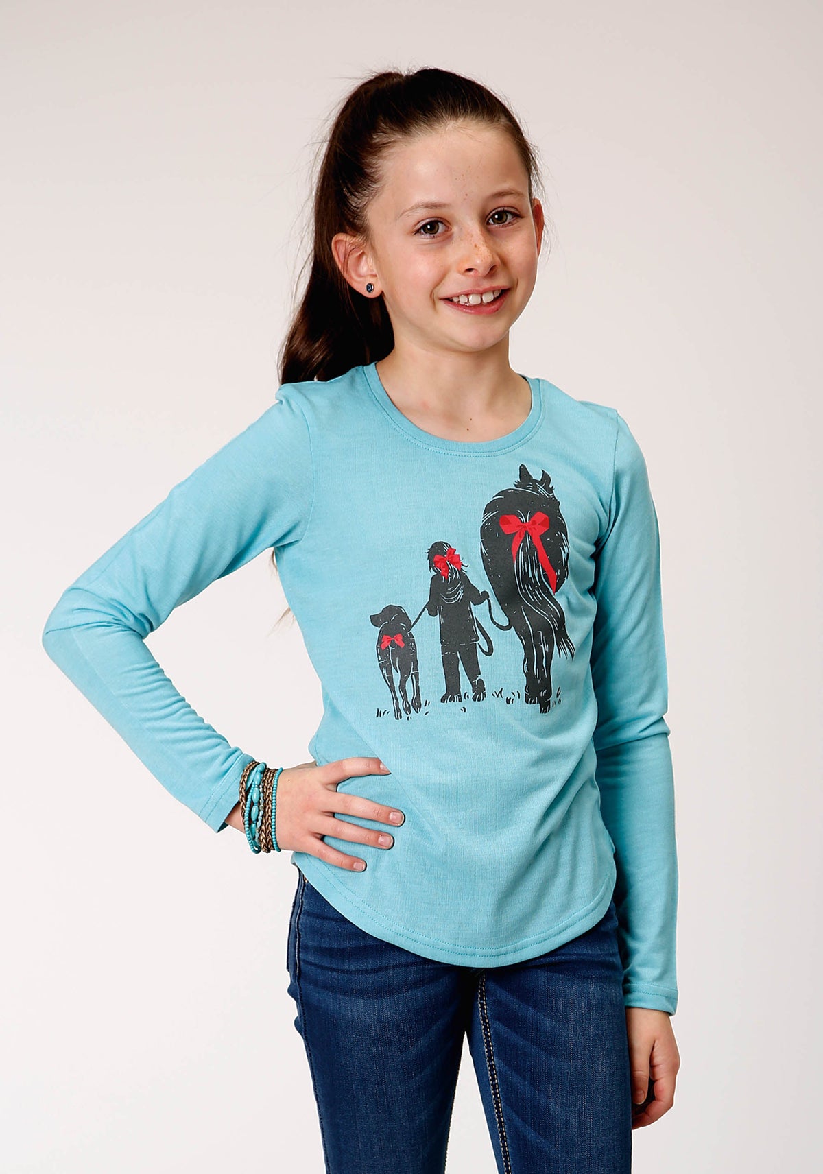 Roper Girls Long Sleeve Knit Poly Rayon Light Blue Jersey Long Sleeve T T-Shirt