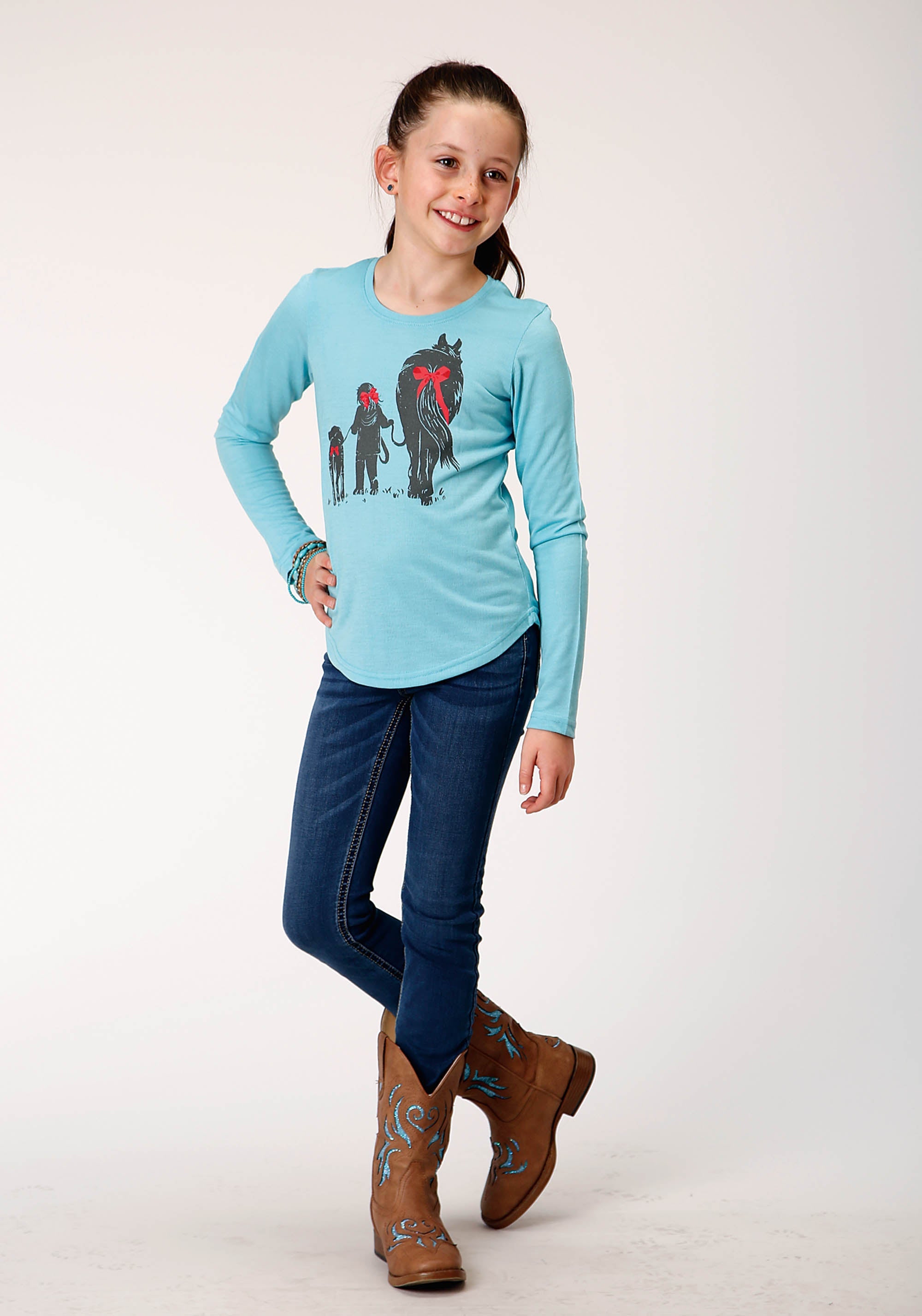 Roper Girls Long Sleeve Knit Poly Rayon Light Blue Jersey Long Sleeve T T-Shirt - Flyclothing LLC