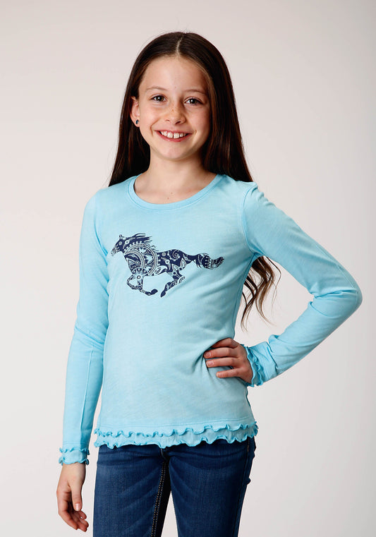 Roper Girls Long Sleeve Knit Poly Rayon Light Blue Jersey Long Sleeve T T-Shirt