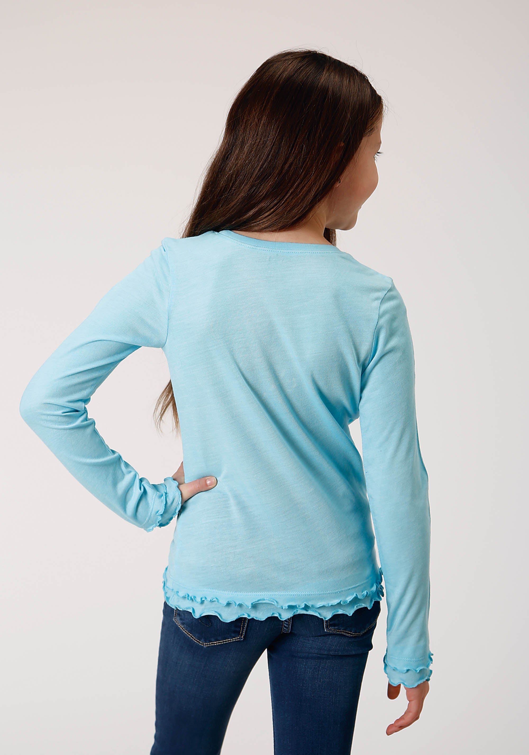 Roper Girls Long Sleeve Knit Poly Rayon Light Blue Jersey Long Sleeve T T-Shirt - Flyclothing LLC