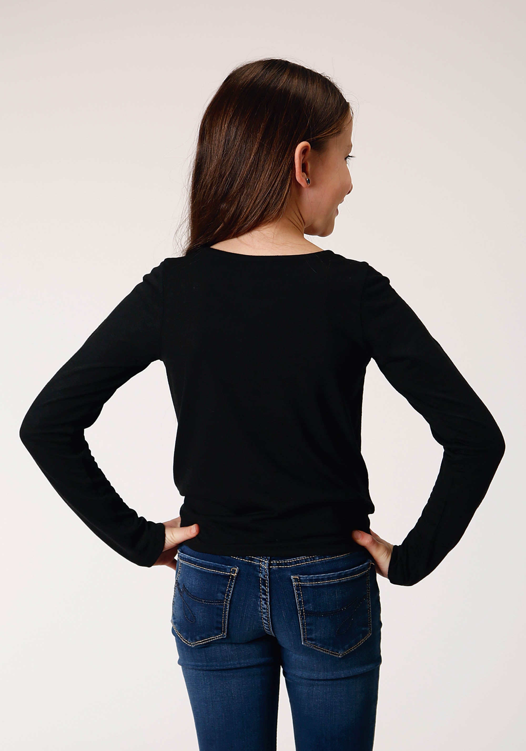 Roper Girls Long Sleeve Knit Poly Rayon Black Jersey Long Sleeve T T-Shirt - Flyclothing LLC