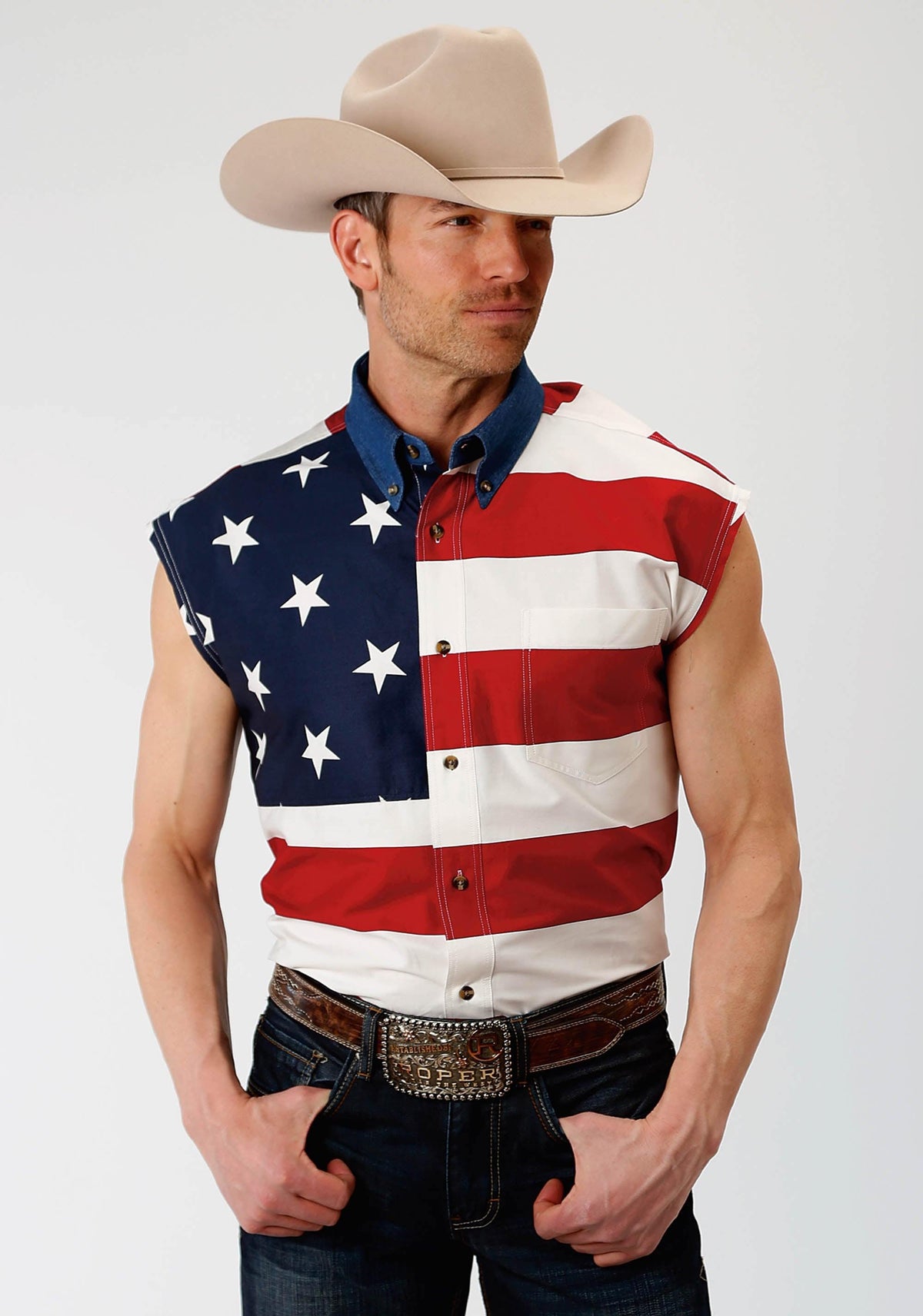 Roper Mens Red White And Blue Stars And Stripes Pieced American Flag Sleeveless Western Snap Shirt