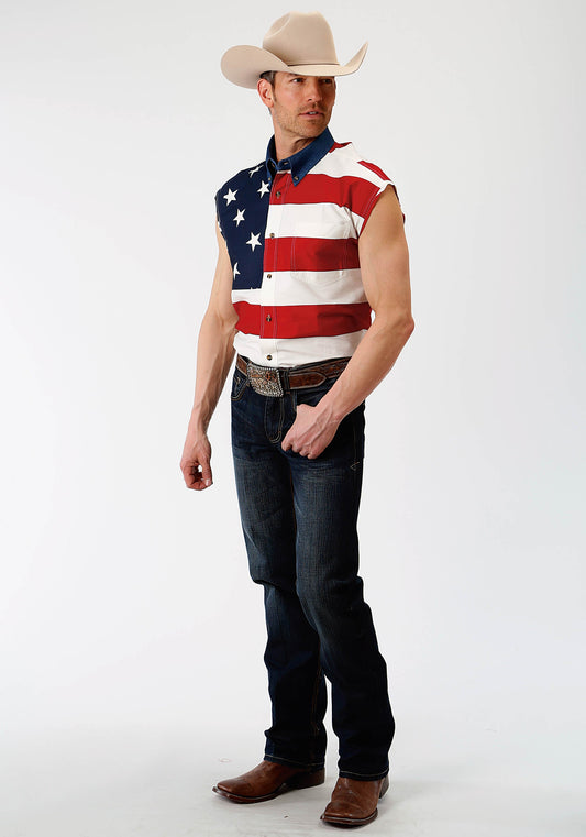 Roper Mens Red White And Blue Stars And Stripes Pieced American Flag Sleeveless Western Snap Shirt - Flyclothing LLC