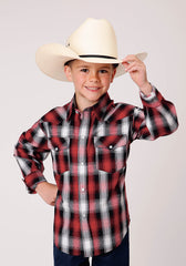 Roper Boys Long Sleeve Snap Black White Red Ombre Western Shirt