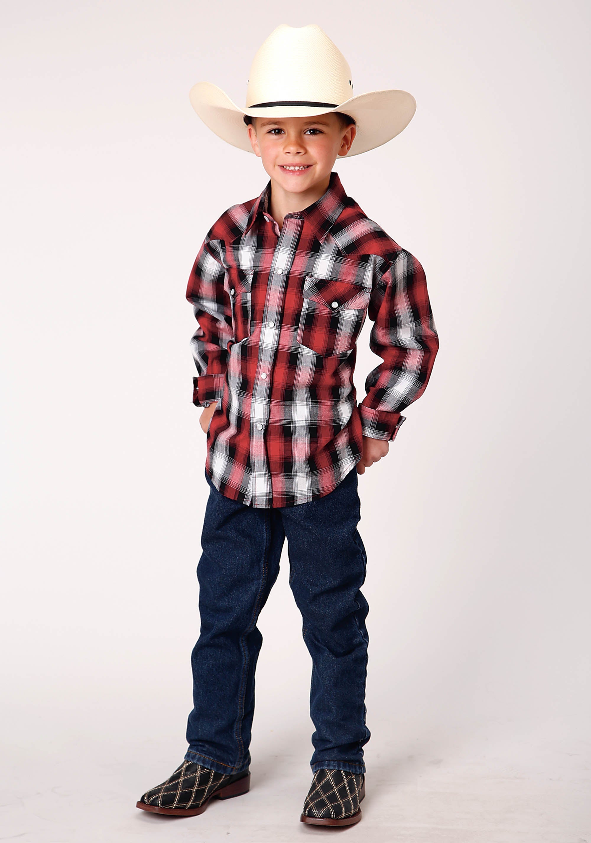 Roper Boys Long Sleeve Snap Black White Red Ombre Western Shirt - Flyclothing LLC