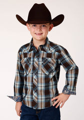 Roper Boys Long Sleeve Snap Crossing Dobby Plaid Western Shirt