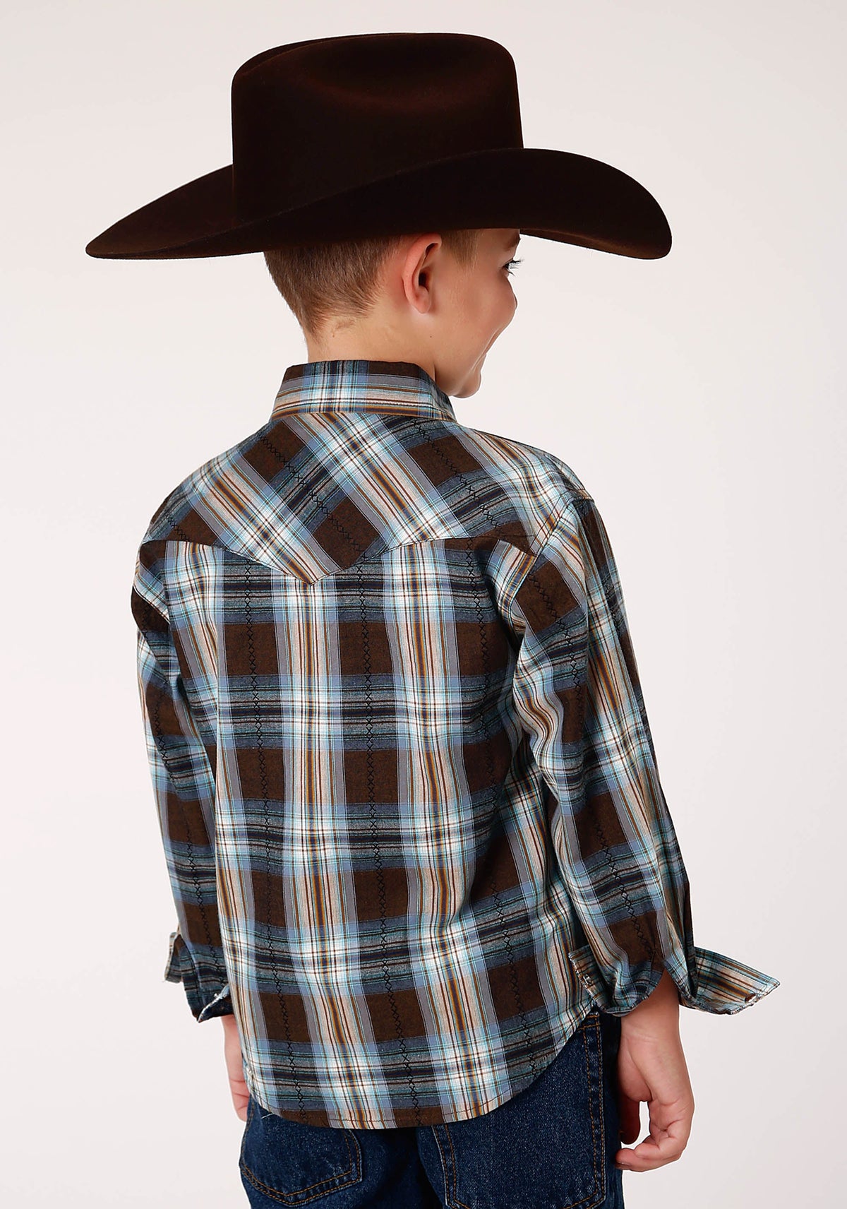 Roper Boys Long Sleeve Snap Crossing Dobby Plaid Western Shirt - Flyclothing LLC