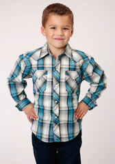 Roper Boys Long Sleeve Snap Vintage Turquoise Plaid Western Shirt