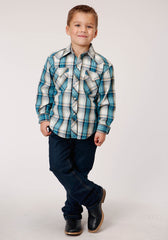 Roper Boys Long Sleeve Snap Vintage Turquoise Plaid Western Shirt - Flyclothing LLC