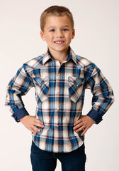 Roper Boys Long Sleeve Snap Denim Plaid Western Shirt