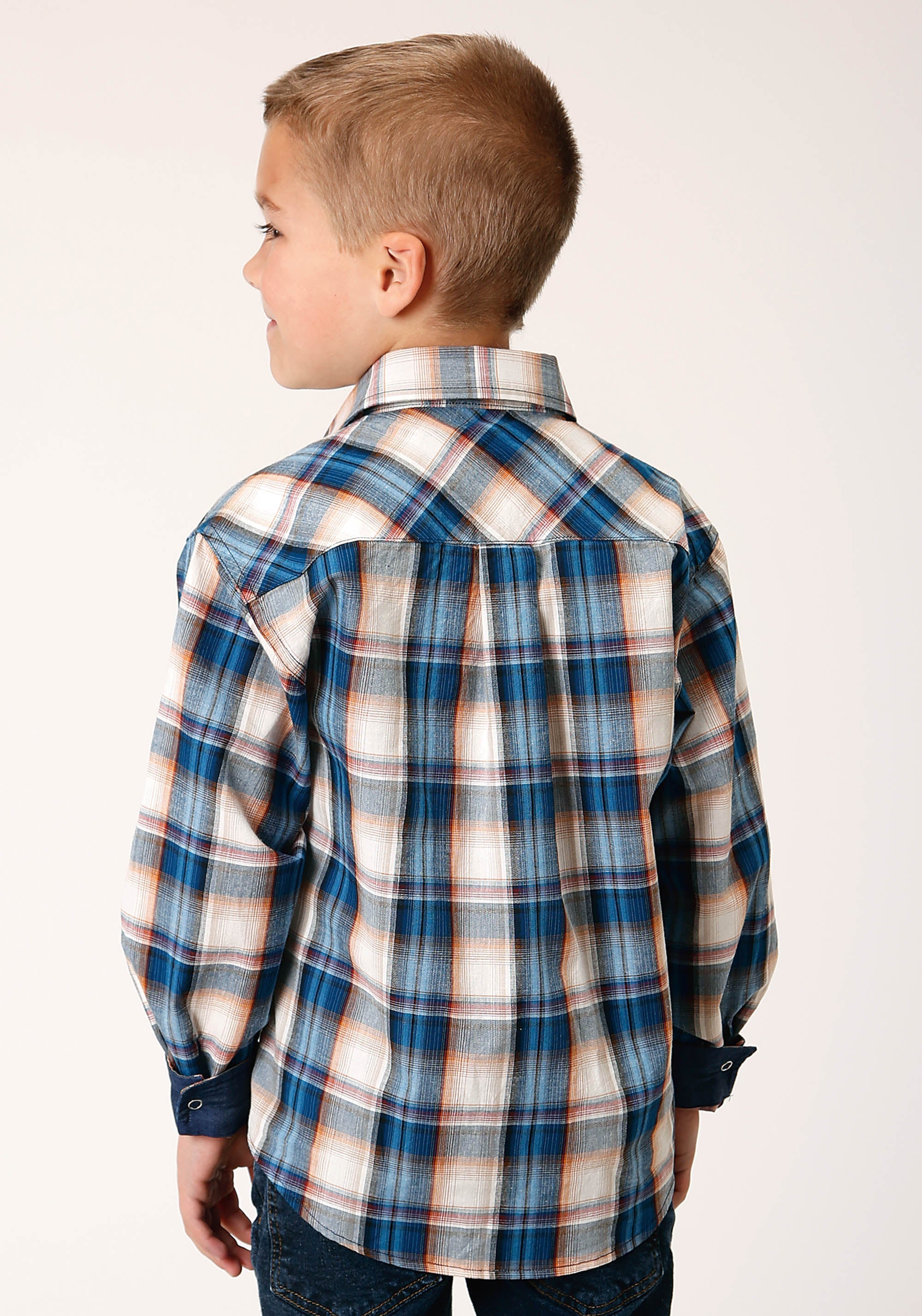 Roper Boys Long Sleeve Snap Denim Plaid Western Shirt - Flyclothing LLC