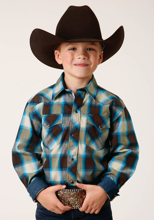 Roper Boys Long Sleeve Snap Brown Arrow Plaid Western Shirt