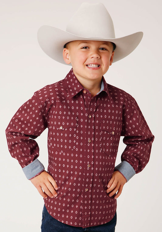 Roper Boys Long Sleeve Snap Texture Diamond Print Western Shirt