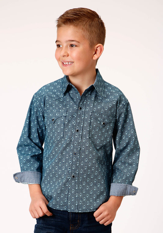 Roper Boys Long Sleeve Snap Paisley Grid Western Shirt