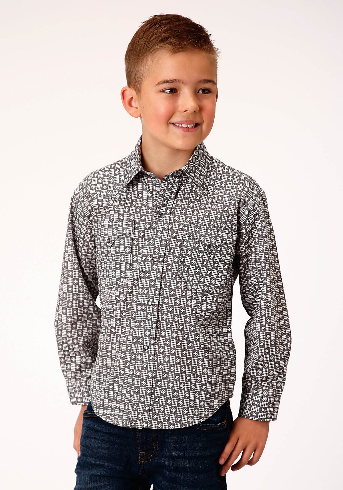 Roper Boys Long Sleeve Snap Checked Diamonds Print Western Shirt