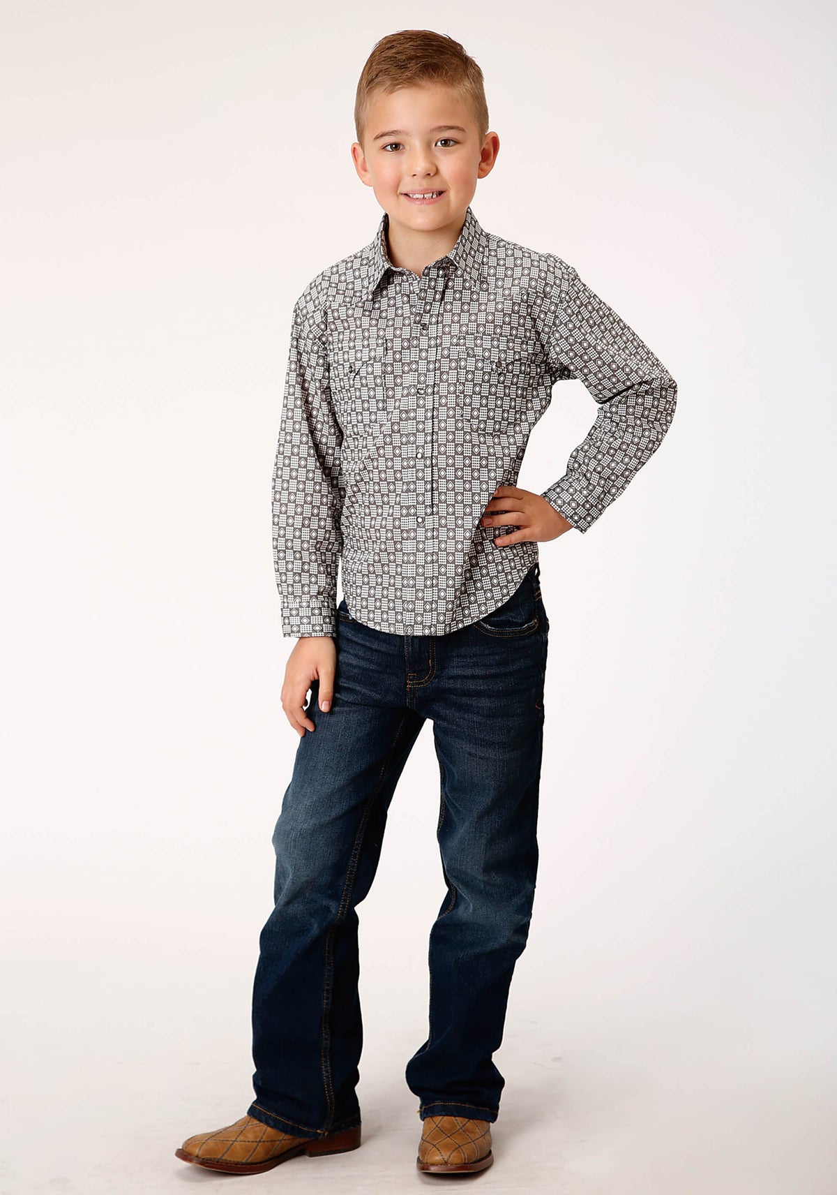 Roper Boys Long Sleeve Snap Checked Diamonds Print Western Shirt - Flyclothing LLC