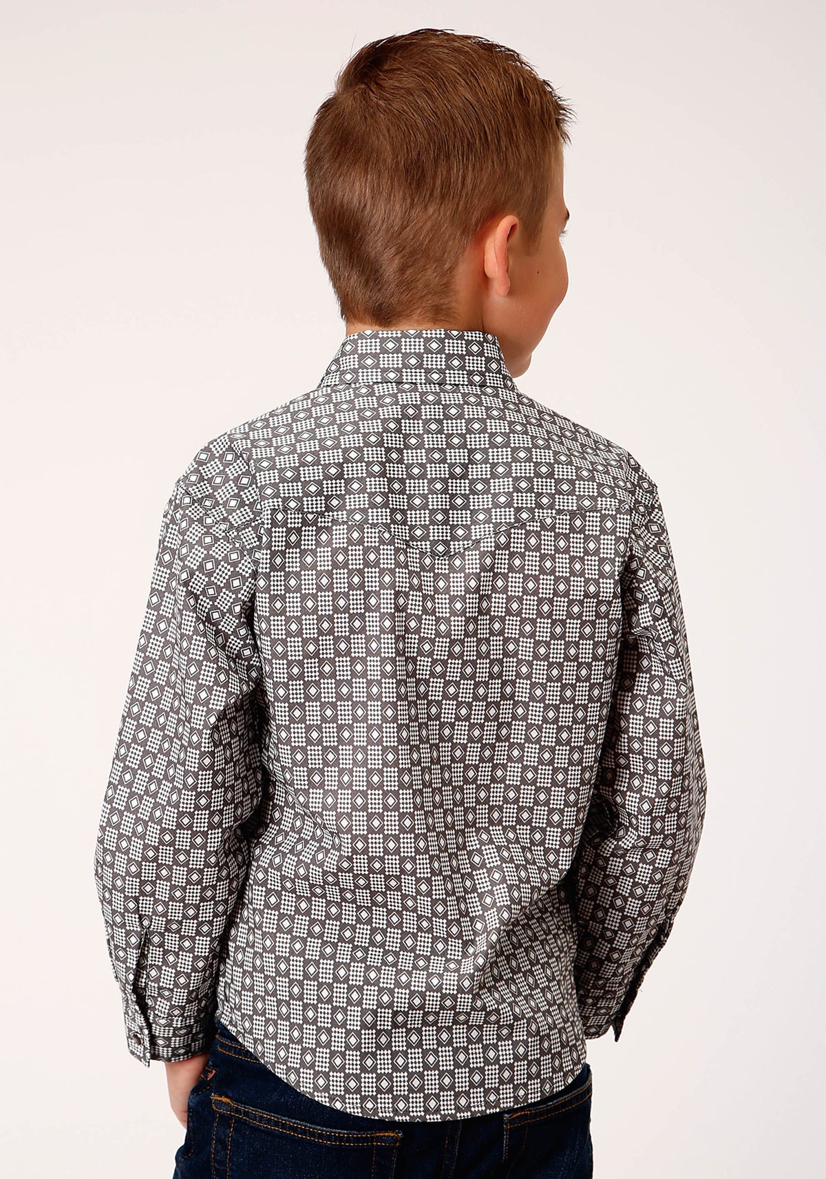 Roper Boys Long Sleeve Snap Checked Diamonds Print Western Shirt - Flyclothing LLC