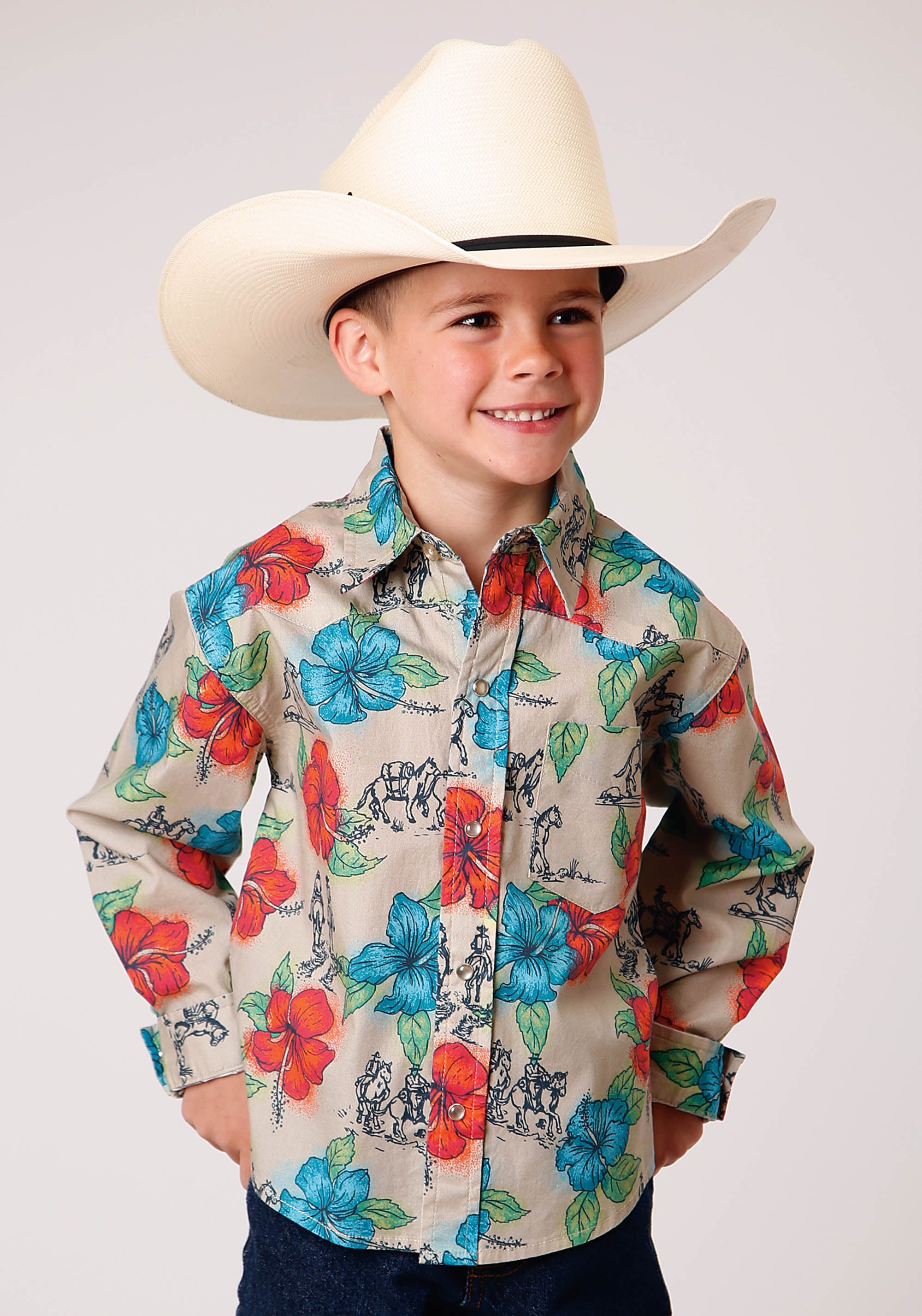 Roper Boys Long Sleeve Snap Trail Ride Tropical Western Shirt