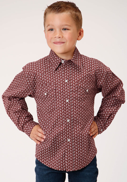 Roper Boys Long Sleeve Snap Red Shadow Geo Western Shirt