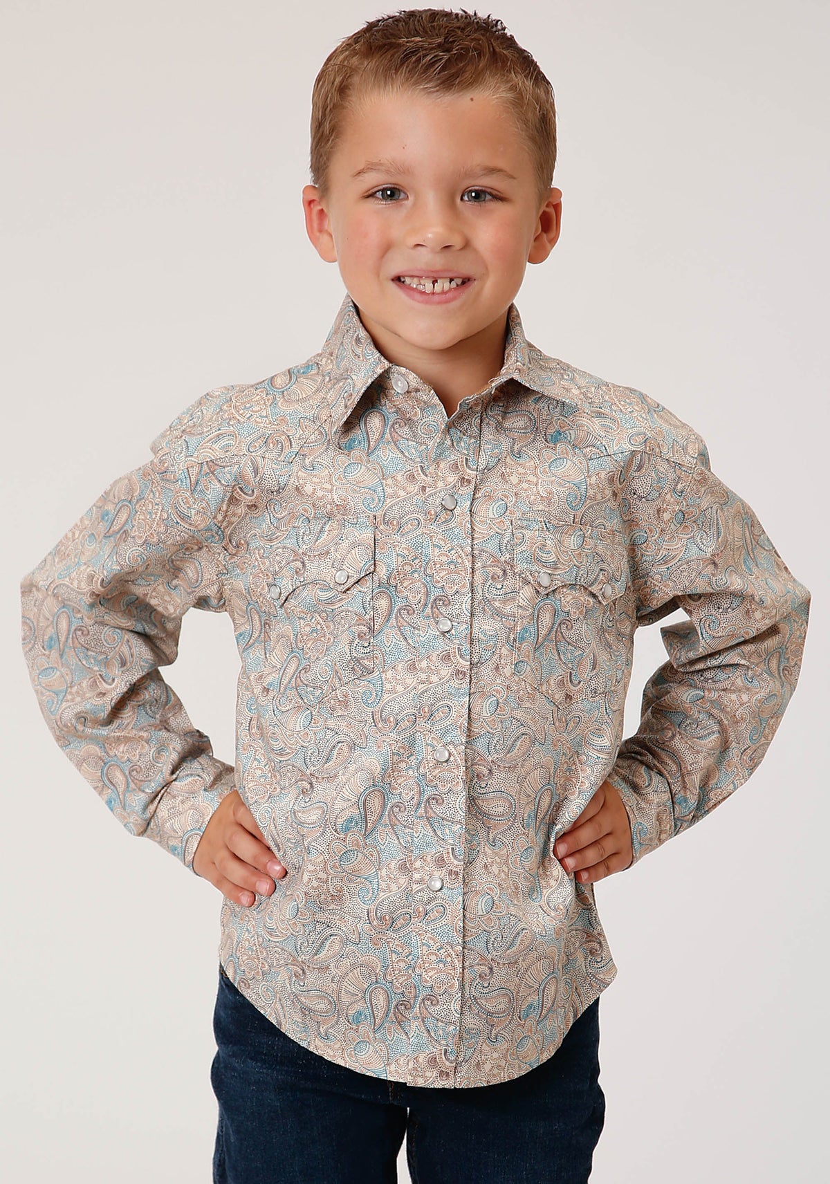 Roper Boys Long Sleeve Snap Dot Paisley Print Western Shirt